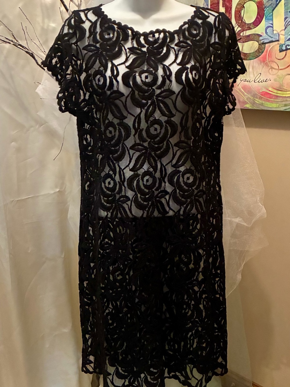Black Floral Lace Overlay Dress/Cover Up